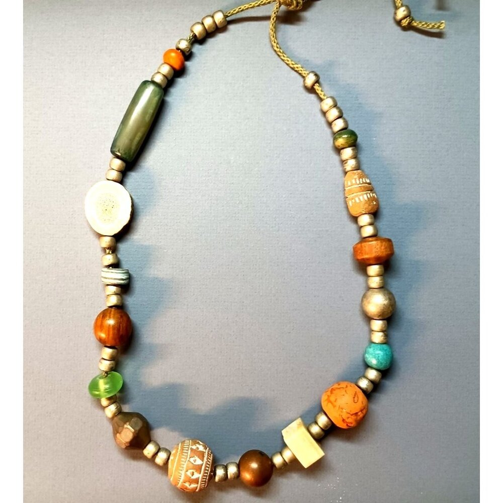 Multicolored Boho-Inspired Beaded Necklace With Mixed Materials & Adjustable Cor